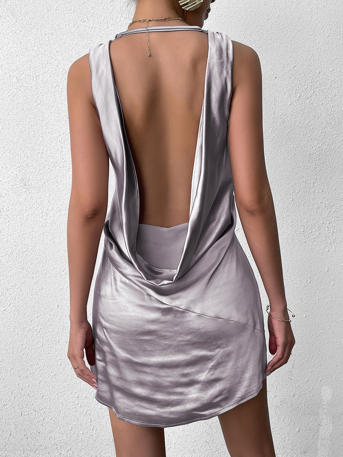 Sexy V-Neck Sleeveless Halter Neck Backless Solid Mini Dress