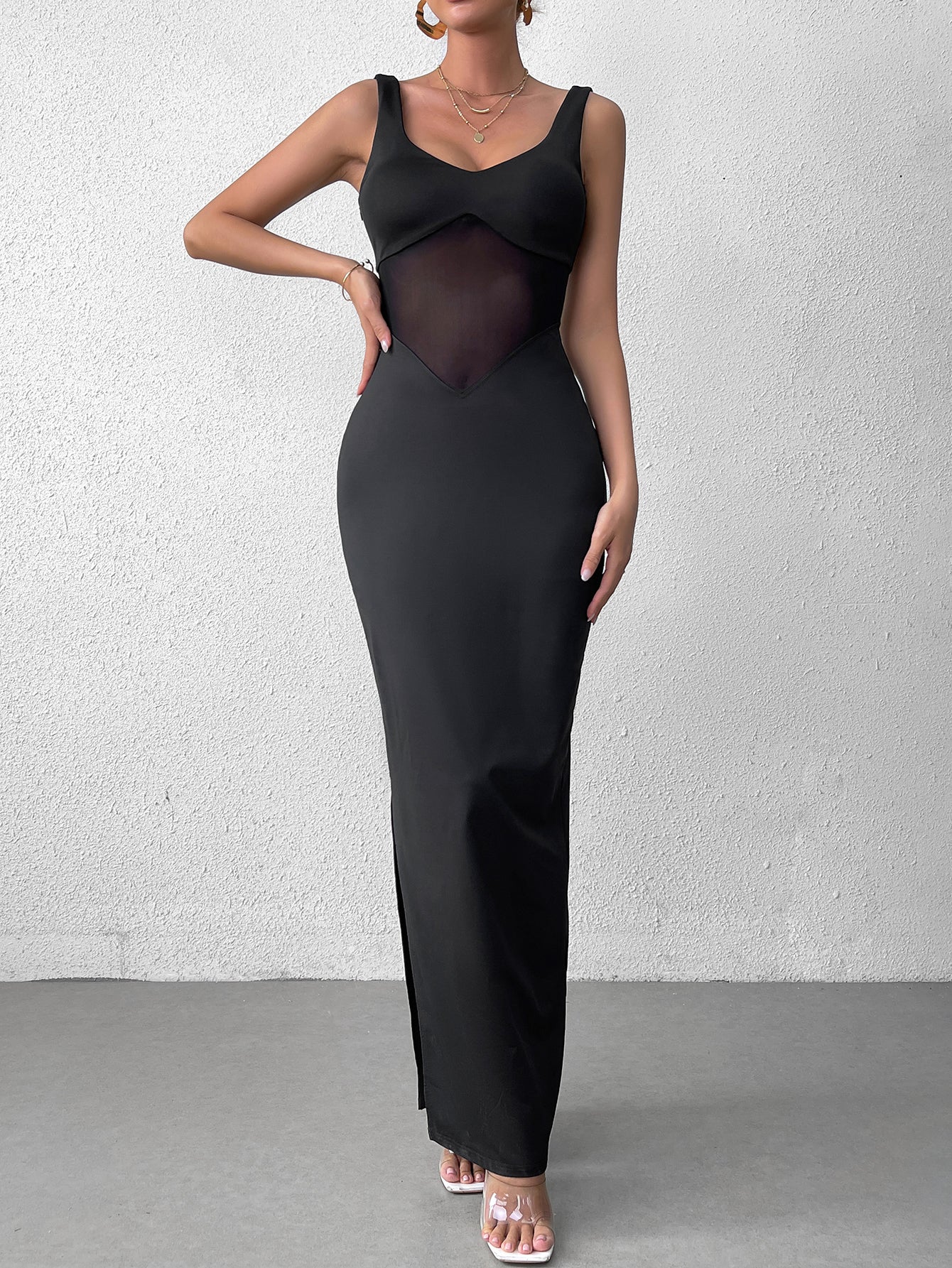 Solid Sleeveless Backless Panel Bodycon Maxi Dress