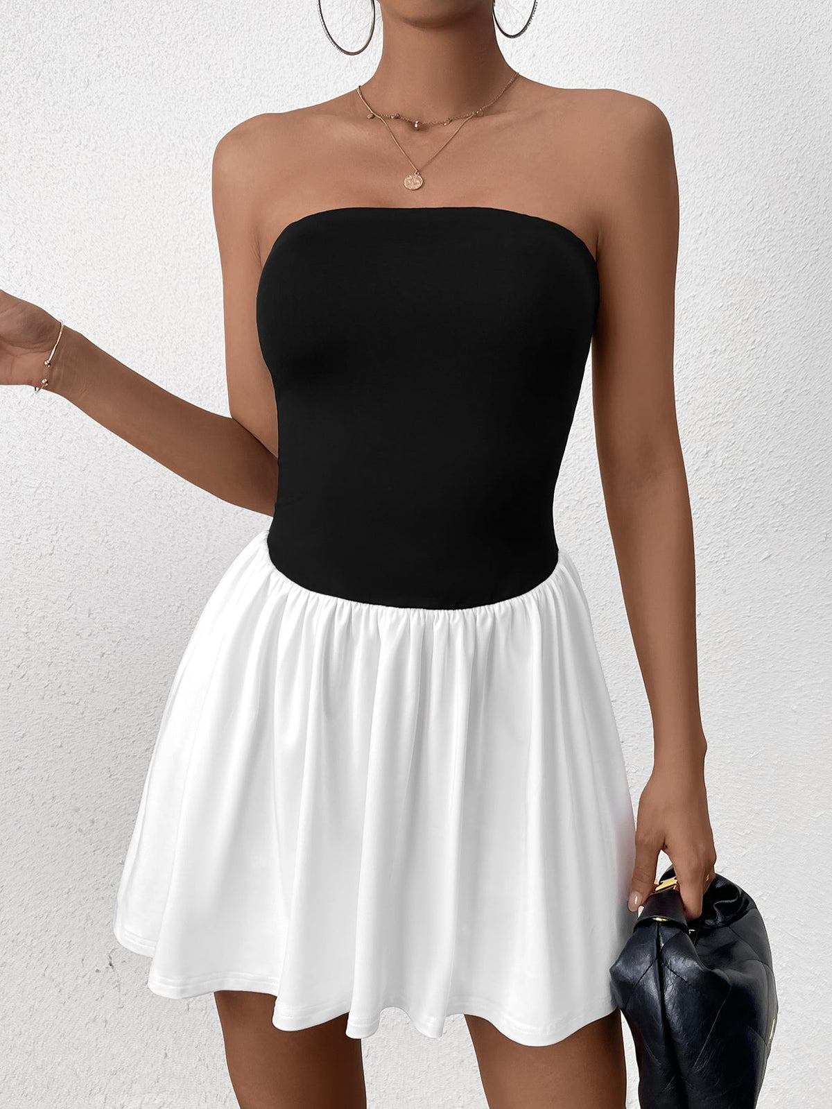 Black and White Contrasting Bandeau Backless Ruched Mini Dress