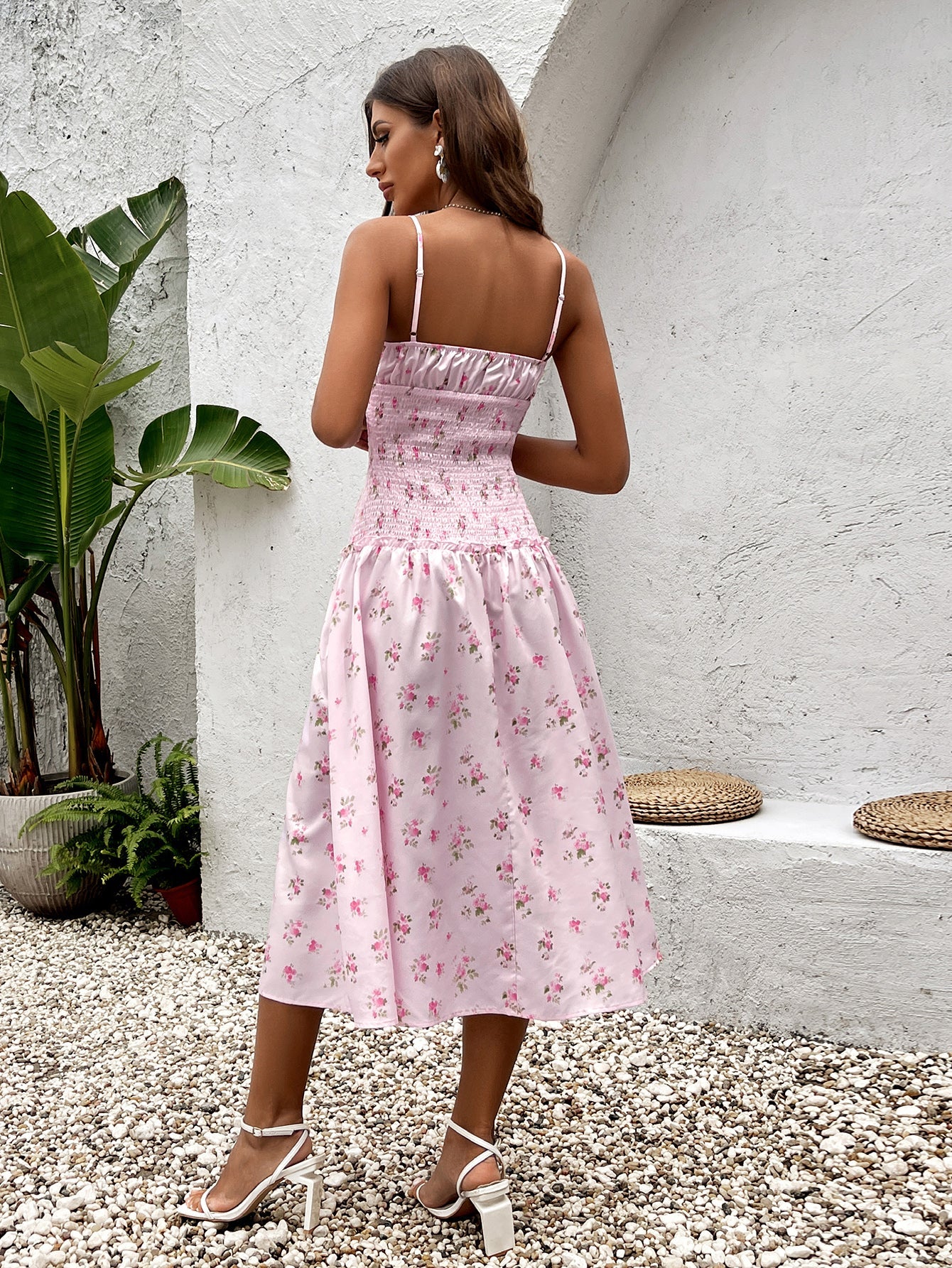 Sexy Sleeveless Backless Cinched Waist Ruched Floral Slip Midi Dress