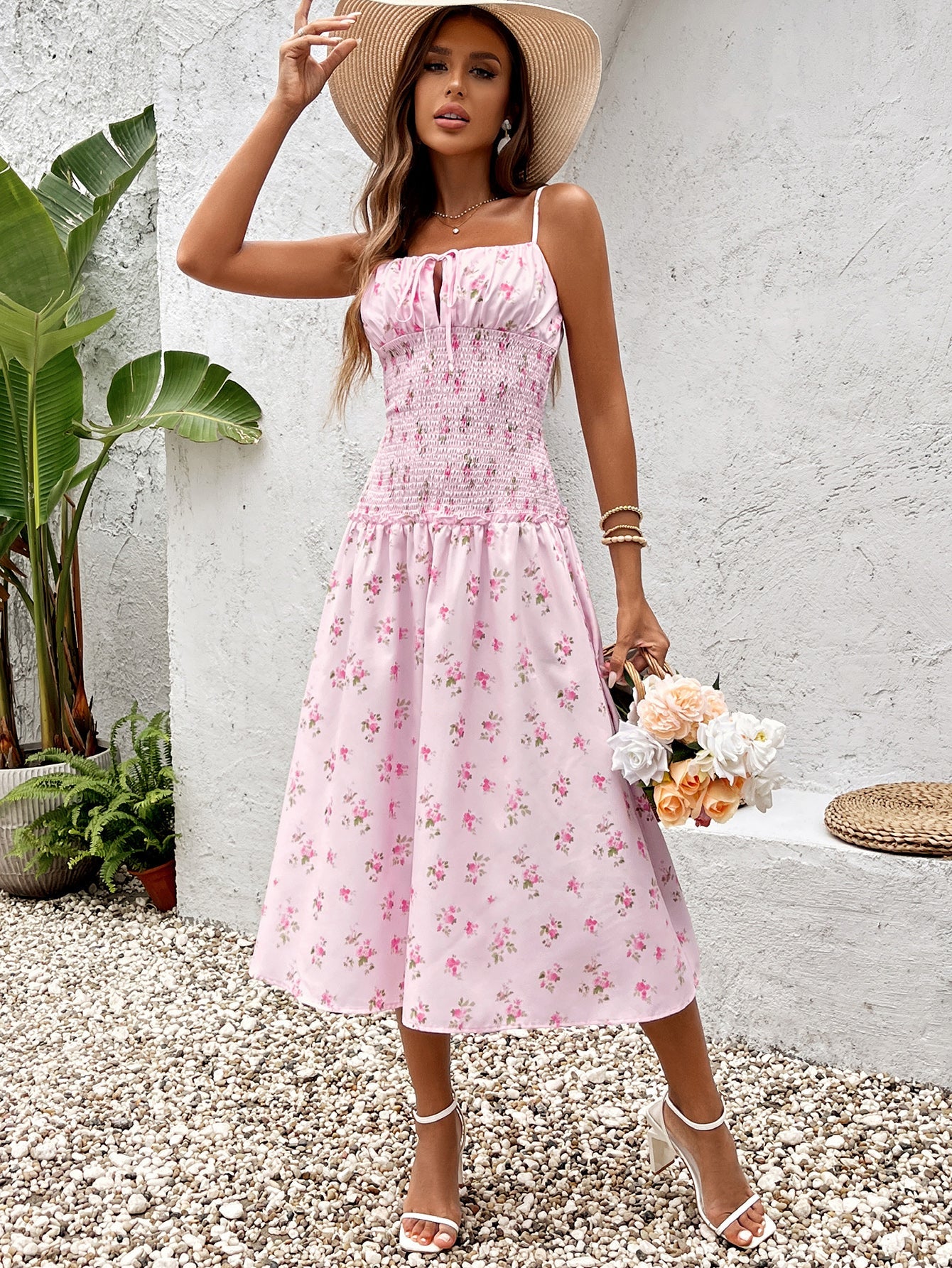 Sexy Sleeveless Backless Cinched Waist Ruched Floral Slip Midi Dress
