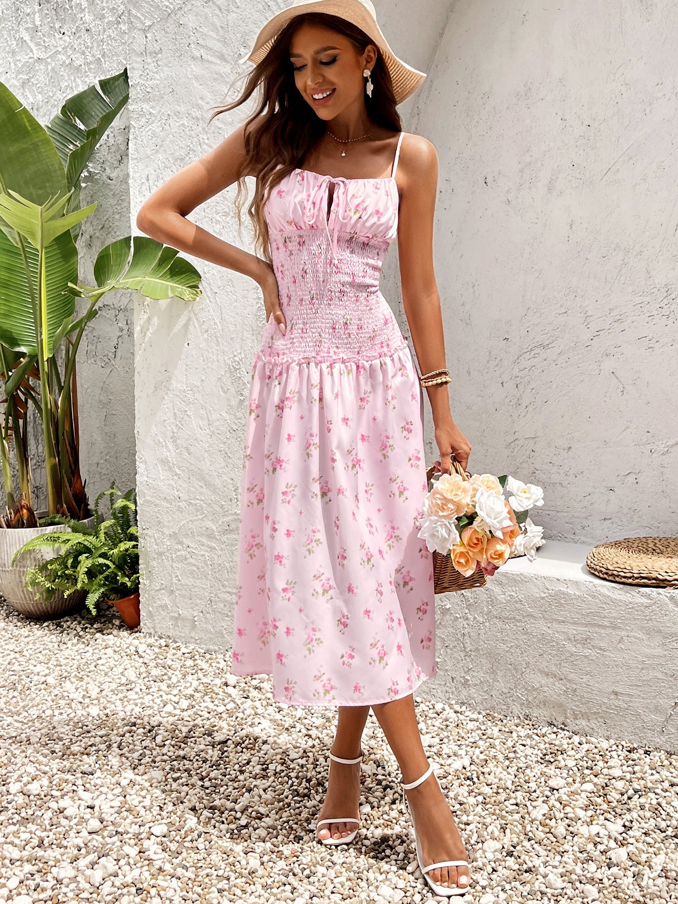 Sexy Sleeveless Backless Cinched Waist Ruched Floral Slip Midi Dress