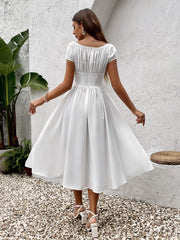 Vintage-Inspired Solid Ruched Off-Shoulder Midi Dress