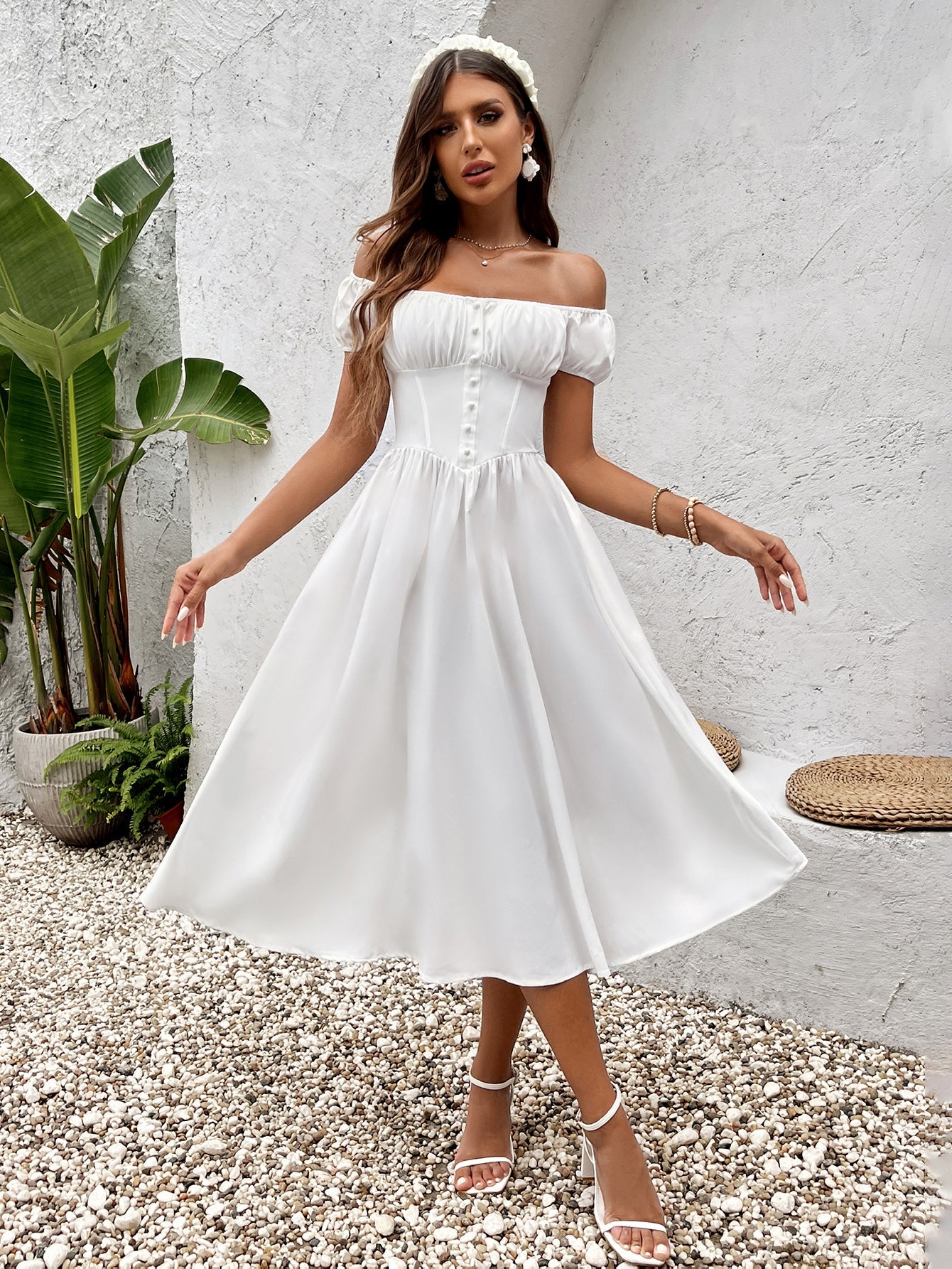 Vintage-Inspired Solid Ruched Off-Shoulder Midi Dress
