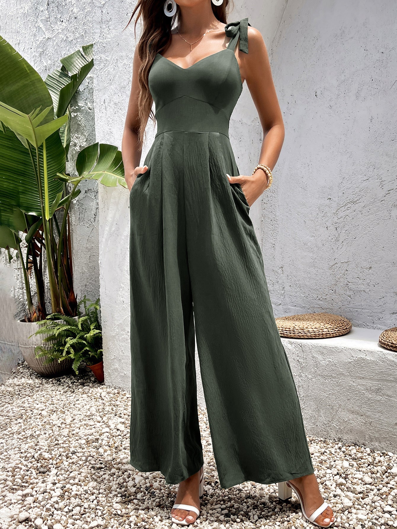 Solid Casual Waist-Cinching Camisole Jumpsuit