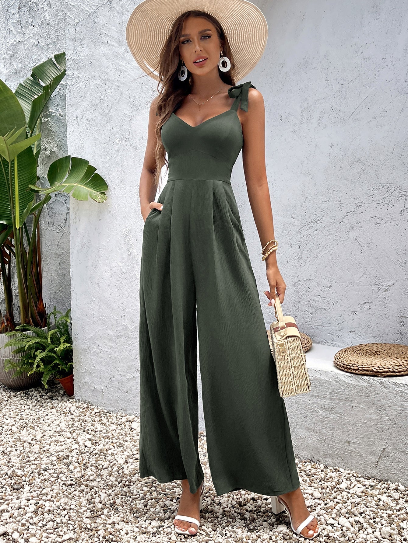 Solid Casual Waist-Cinching Camisole Jumpsuit