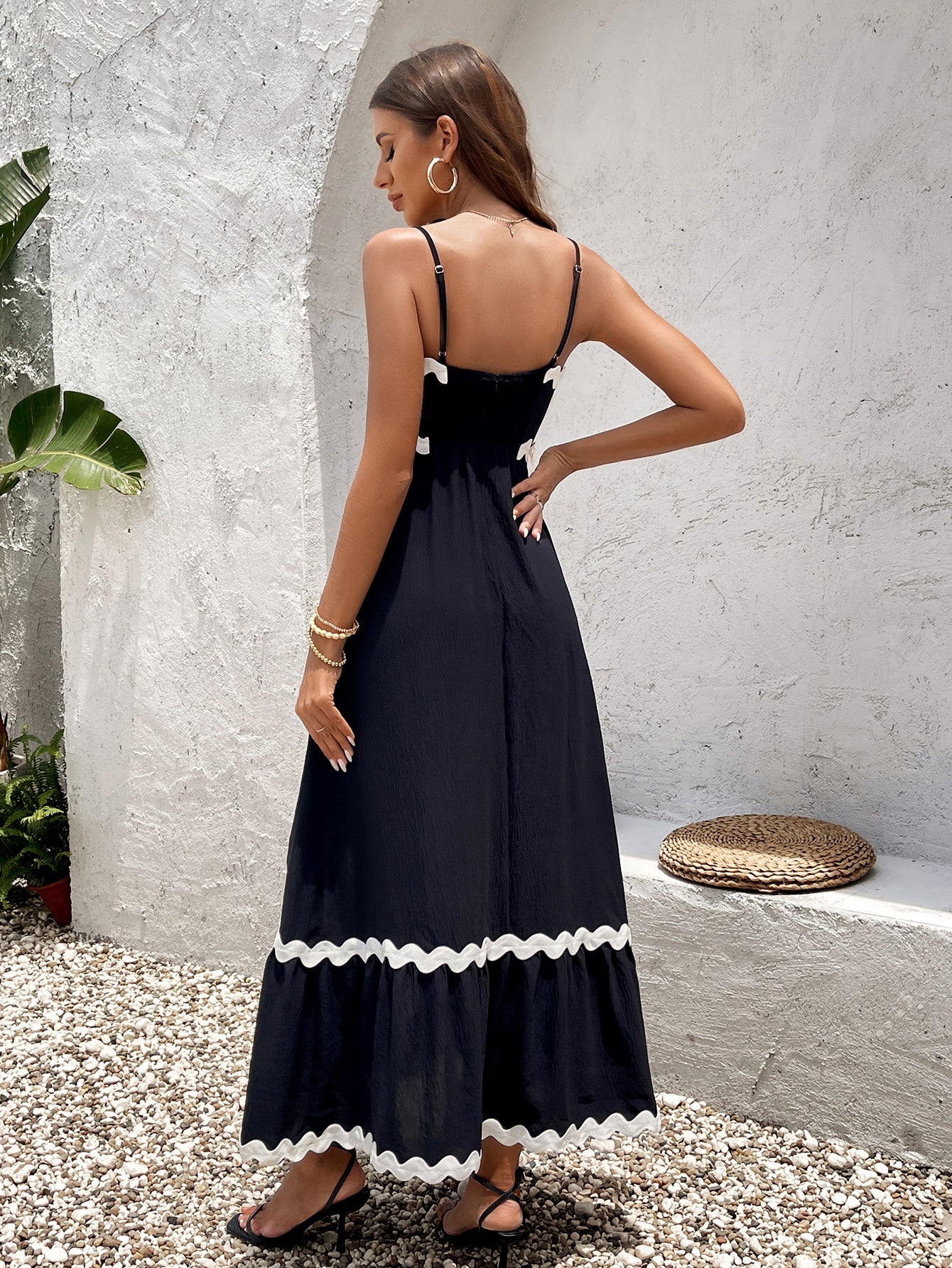 Lady Backless Cinched Ruched Sleeveless Slip Maxi Dress