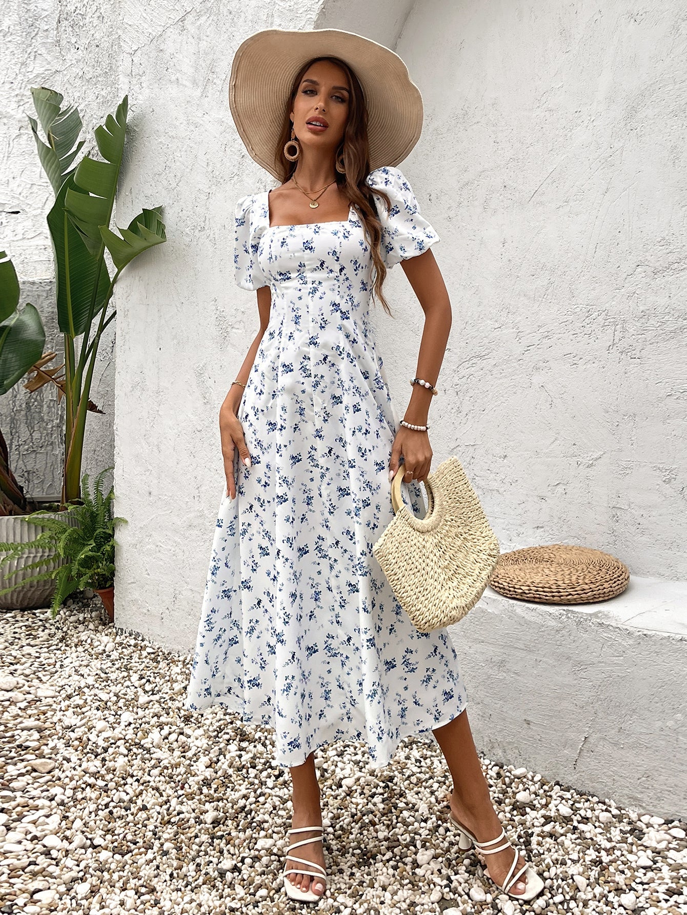 Classic White Square Neck Midi Dress