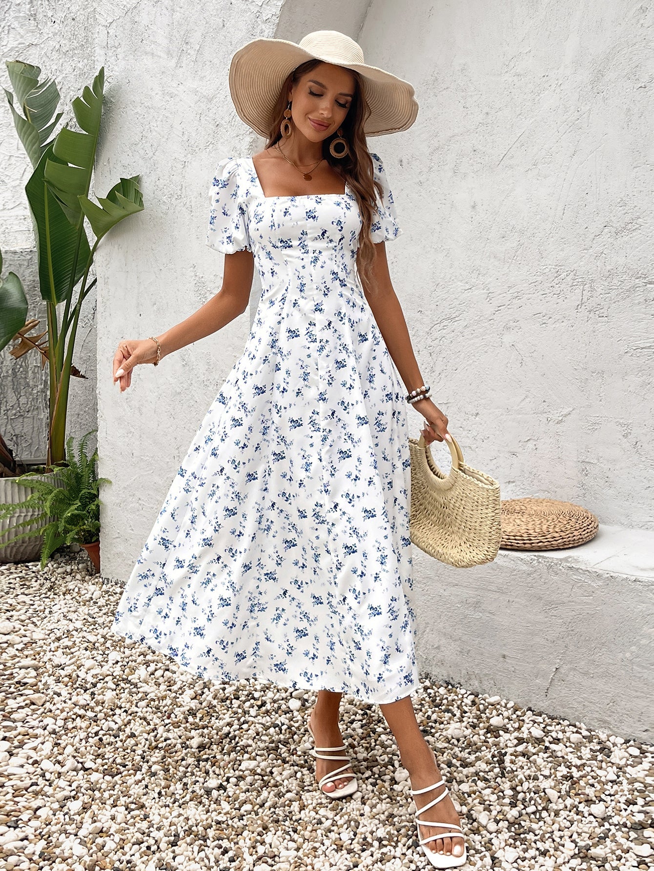 Classic White Square Neck Midi Dress