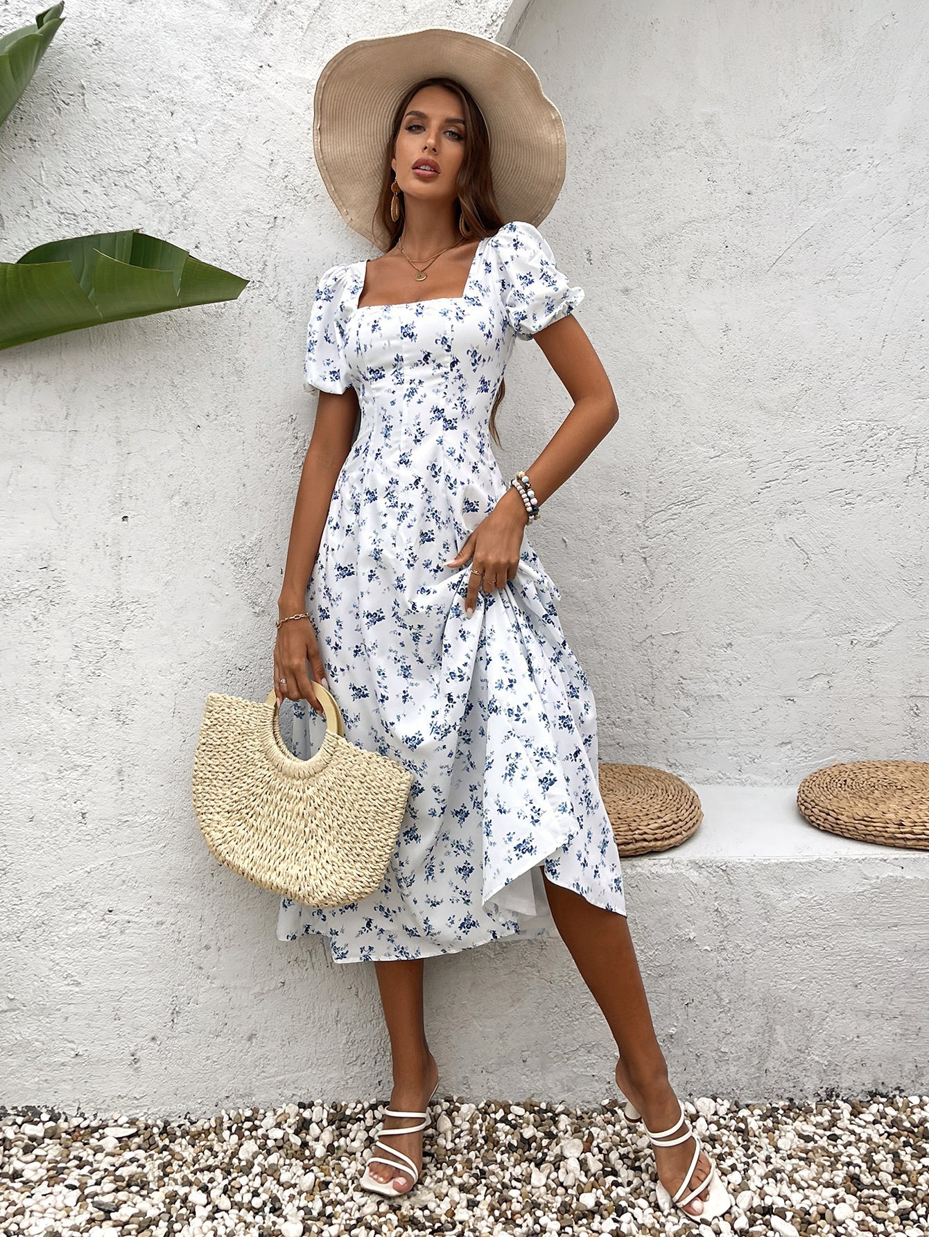 Classic White Square Neck Midi Dress