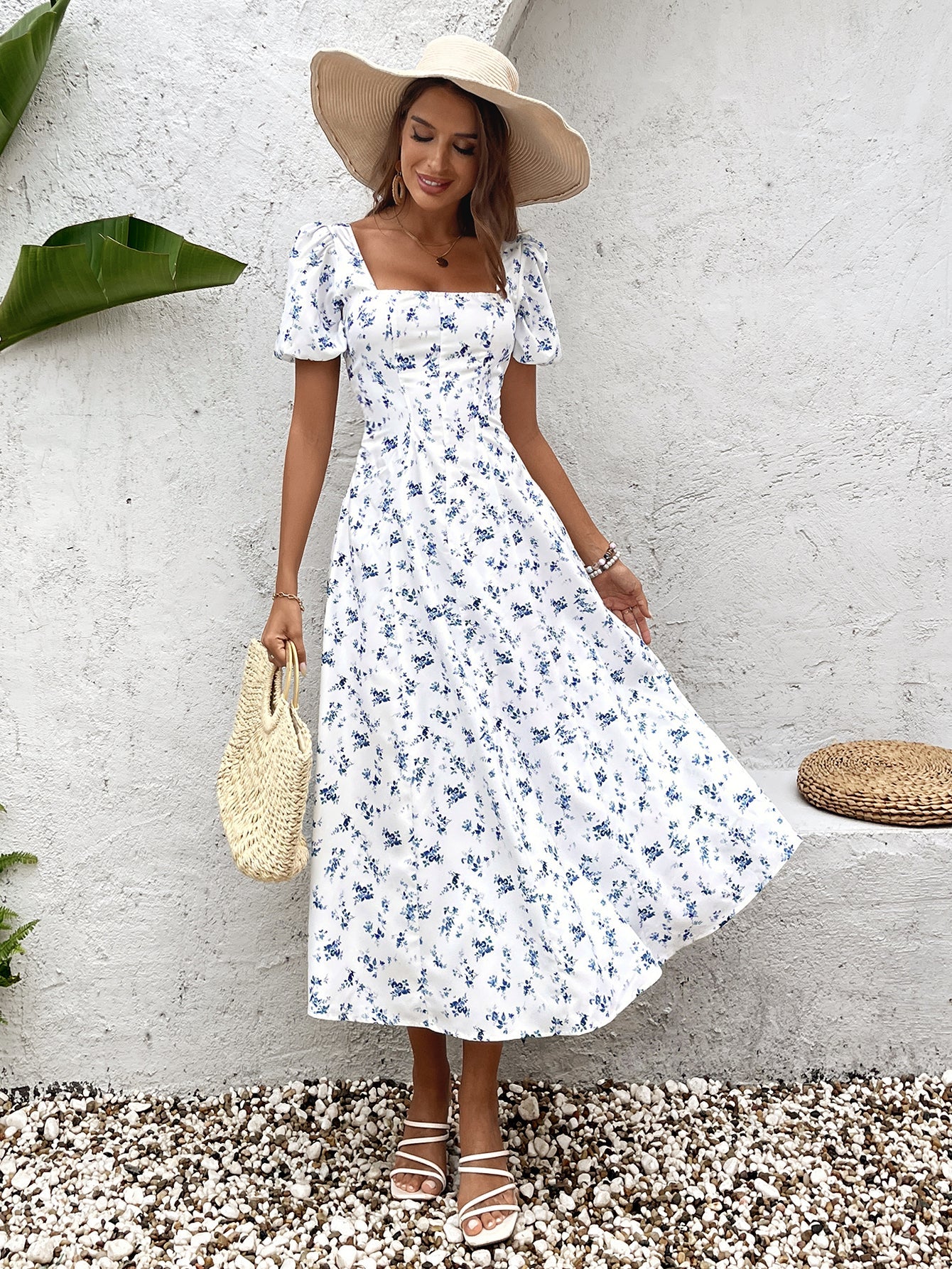Classic White Square Neck Midi Dress