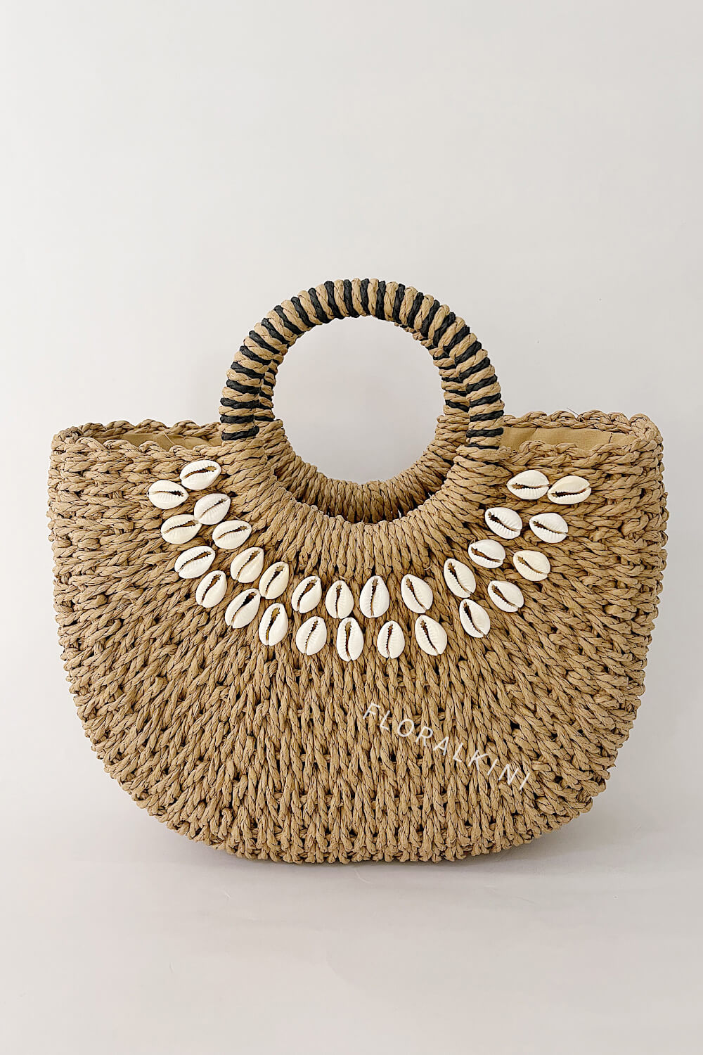 Shell-Embellished Woven Rattan Spherical Top Handle Beach Tote Bags