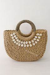 Shell-Embellished Woven Rattan Spherical Top Handle Beach Tote Bags