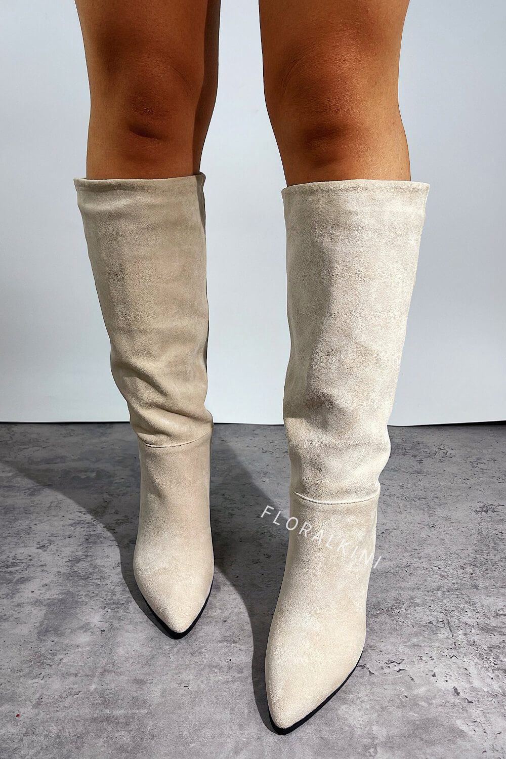 Pointed-Toe Faux Suede Cone Heel Knee High Boots