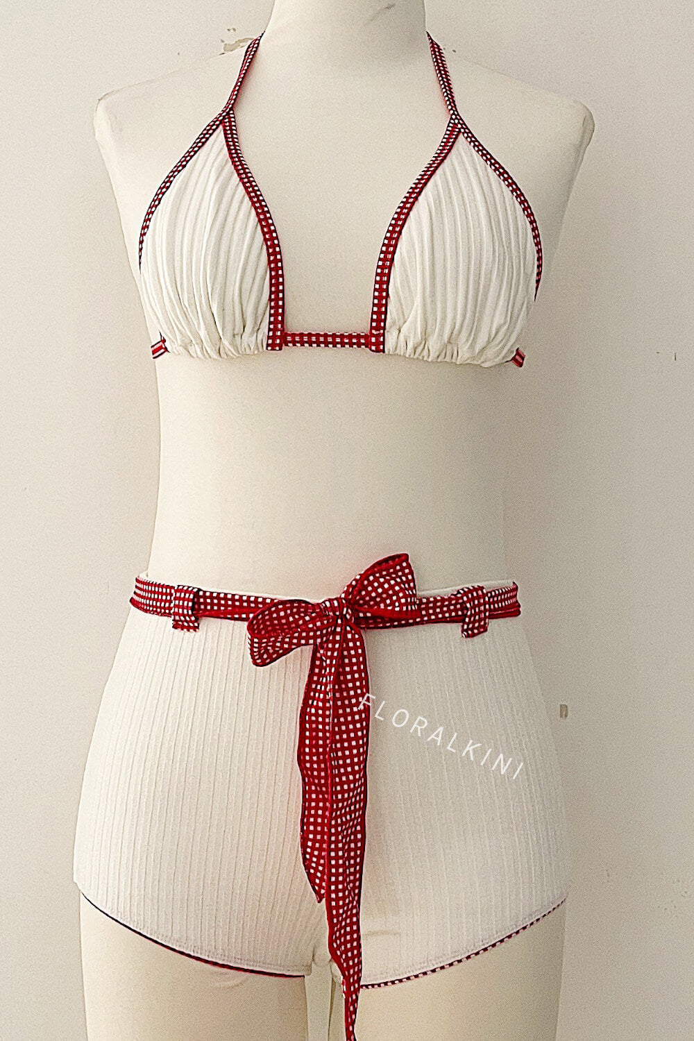 White Rib Triangle Halter Bikini Top And Low Rise Boy Shorts With Red Gingham Binding Details