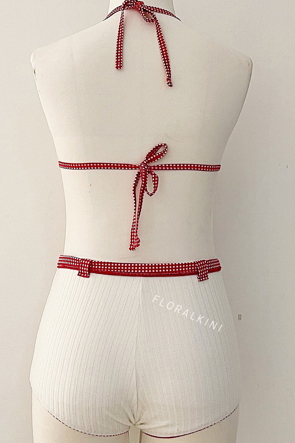 White Rib Triangle Halter Bikini Top And Low Rise Boy Shorts With Red Gingham Binding Details