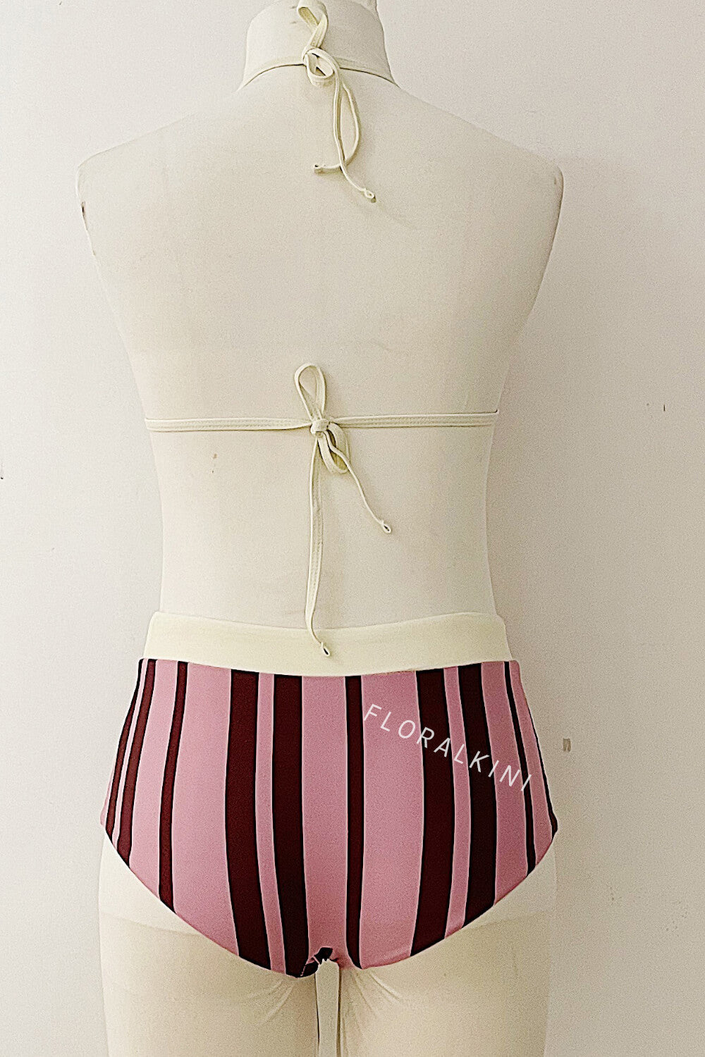 Contrasted Striped Triangle Halter Bikini Top And Low Rise Boyshorts With Bead Details