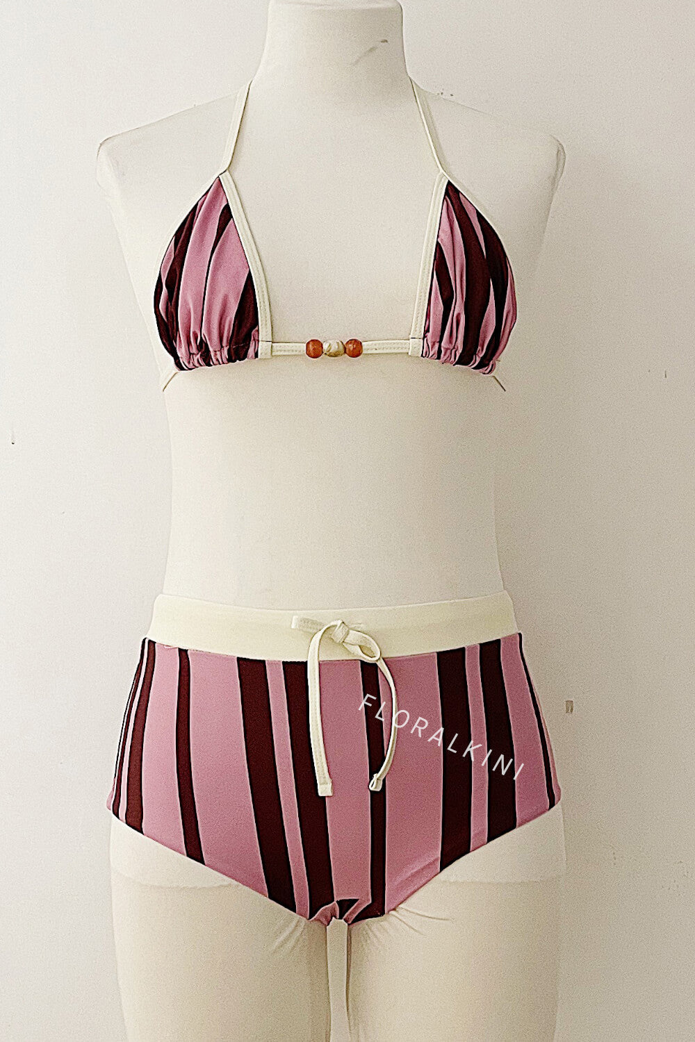 Contrasted Striped Triangle Halter Bikini Top And Low Rise Boyshorts With Bead Details
