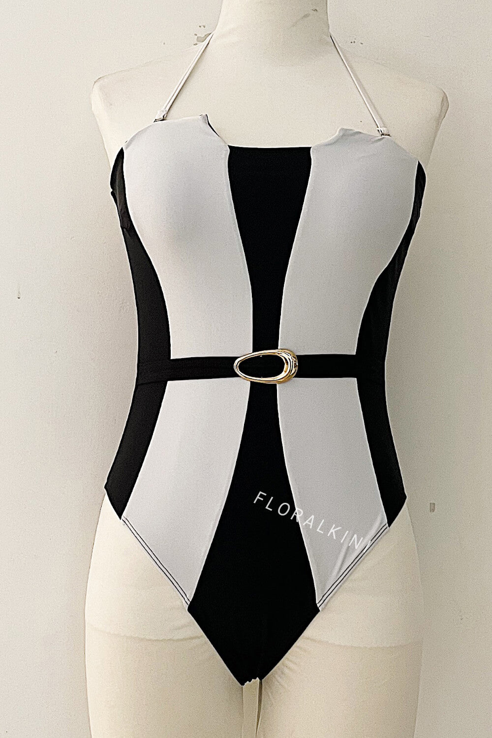 Colorblock Black And White Strapless One Piece Swimsuit With Fixed Belt