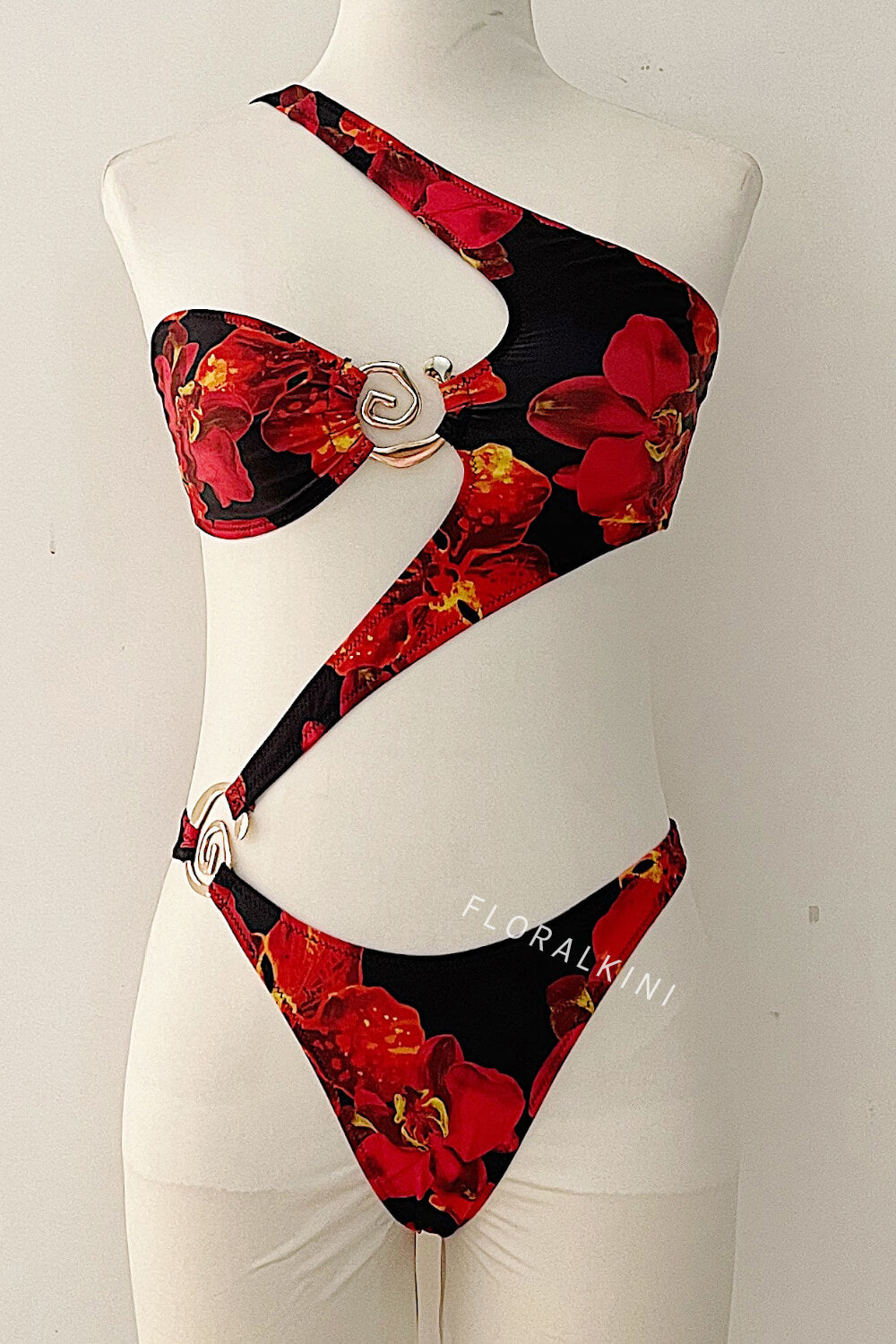 Tropical One Shoulder One Piece Swimsuit With Gold Spiral Hardware Details