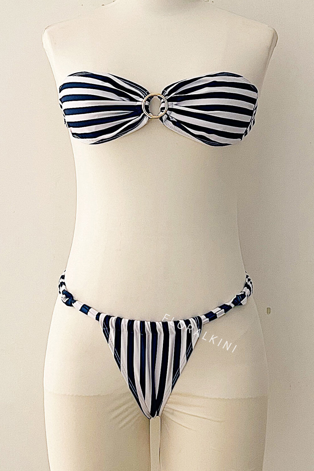 Striped Bandeau Bikini Set With O-Ring Detail