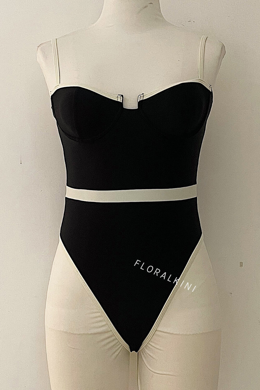Underwire Contrast Trim High Rise One Piece Swimsuit - Black
