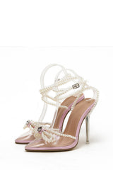 Pearl Bow Clear Perspex Wrap Around Pointed Toe Stiletto Court Heels