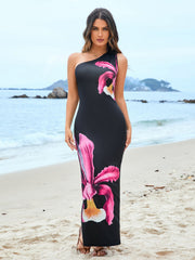 Holiday-Inspired Printed One-Shoulder Maxi Dress