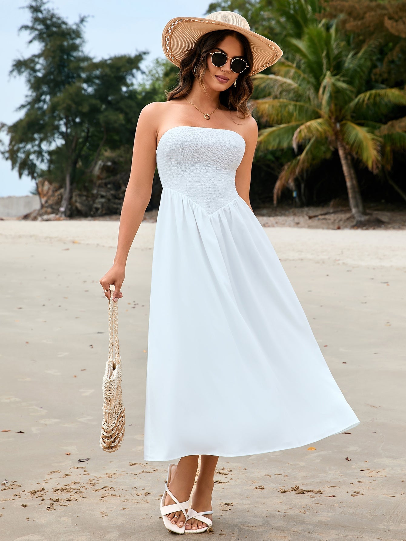Straight-Neck Cinched Waist Maxi Dress