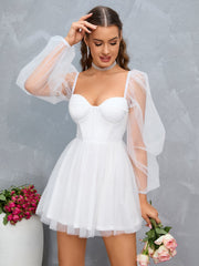 Sweetheart Neck Lantern Sleeve Mesh Overlay Bustier Dress