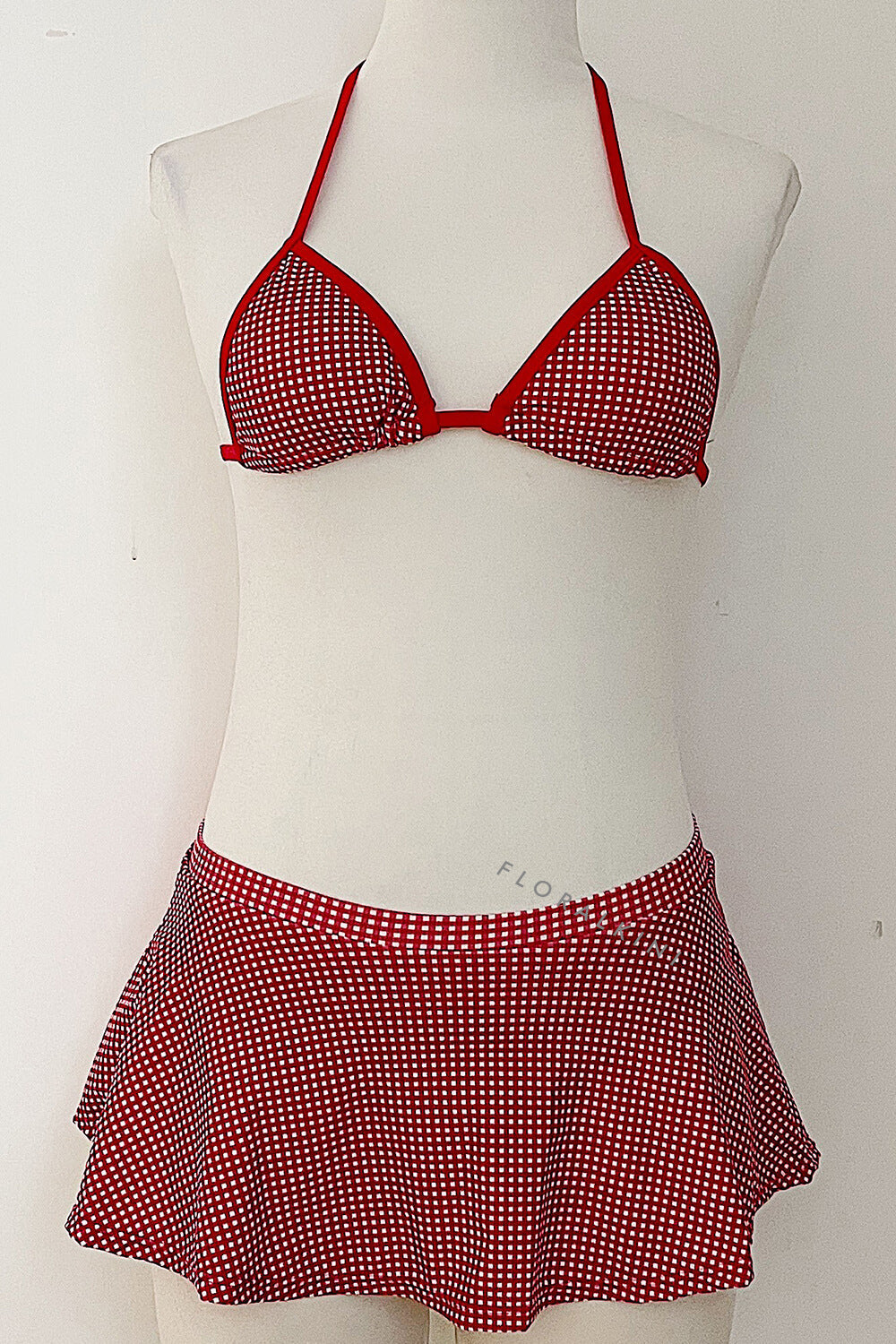 Triangle Gingham Halter Bikini Set With Ruffled Mini Skirt