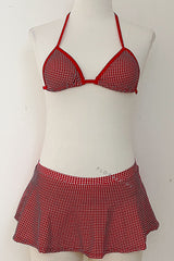 Triangle Gingham Halter Bikini Set With Ruffled Mini Skirt