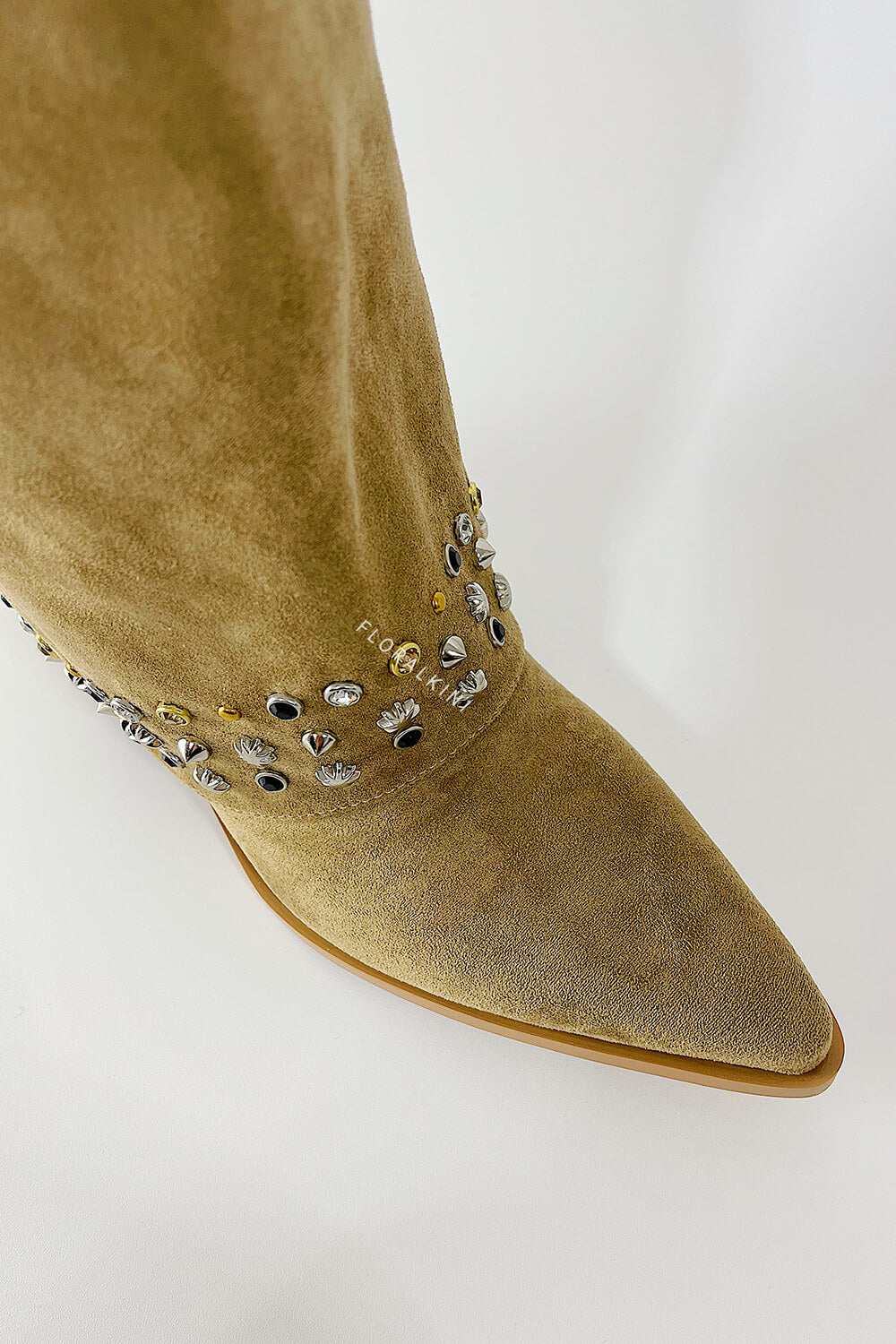 Faux Suede Studded And Crystal-Embellished Cowboy Fold Over Mid-Calf Boots
