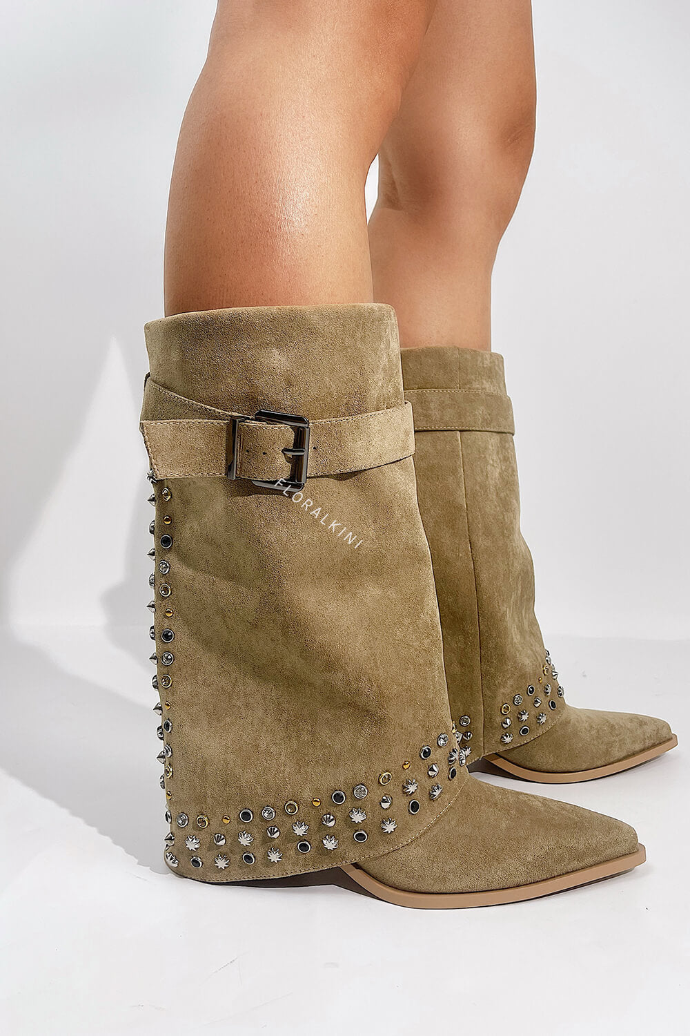 Faux Suede Studded And Crystal-Embellished Cowboy Fold Over Mid-Calf Boots