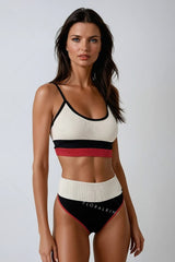 Cream And Red Striped High Waisted Bikini Bottom