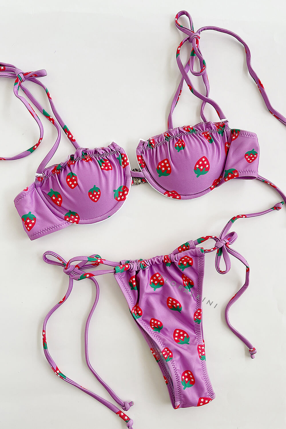 Strawberry Underwire Balconette Tie Up Bikini Set - Hot Pink