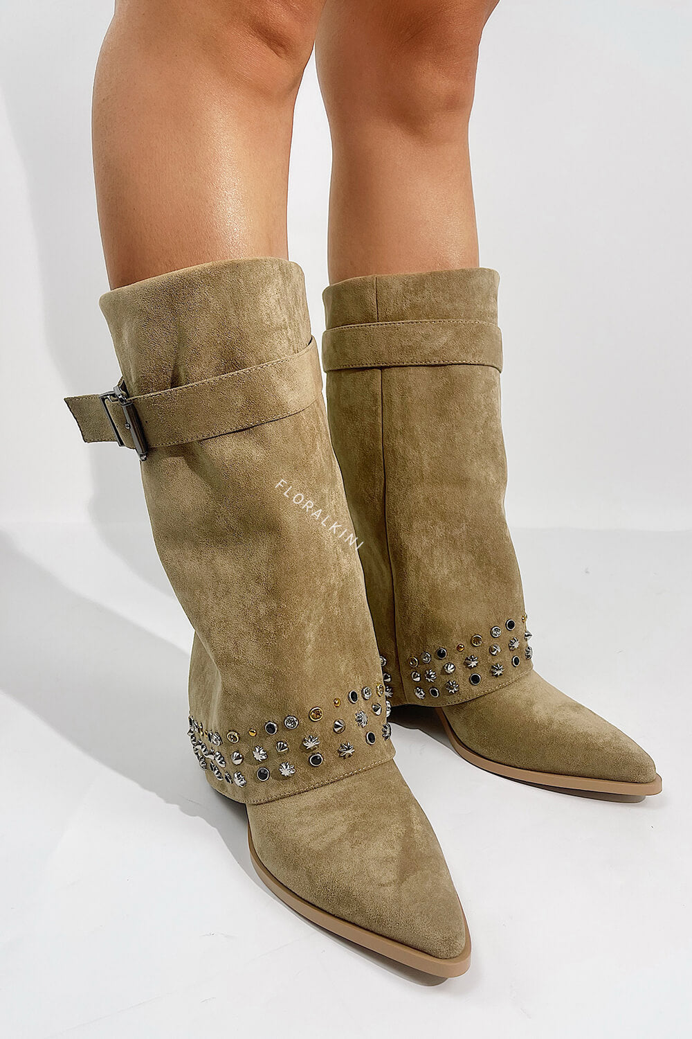 Faux Suede Studded And Crystal-Embellished Cowboy Fold Over Mid-Calf Boots