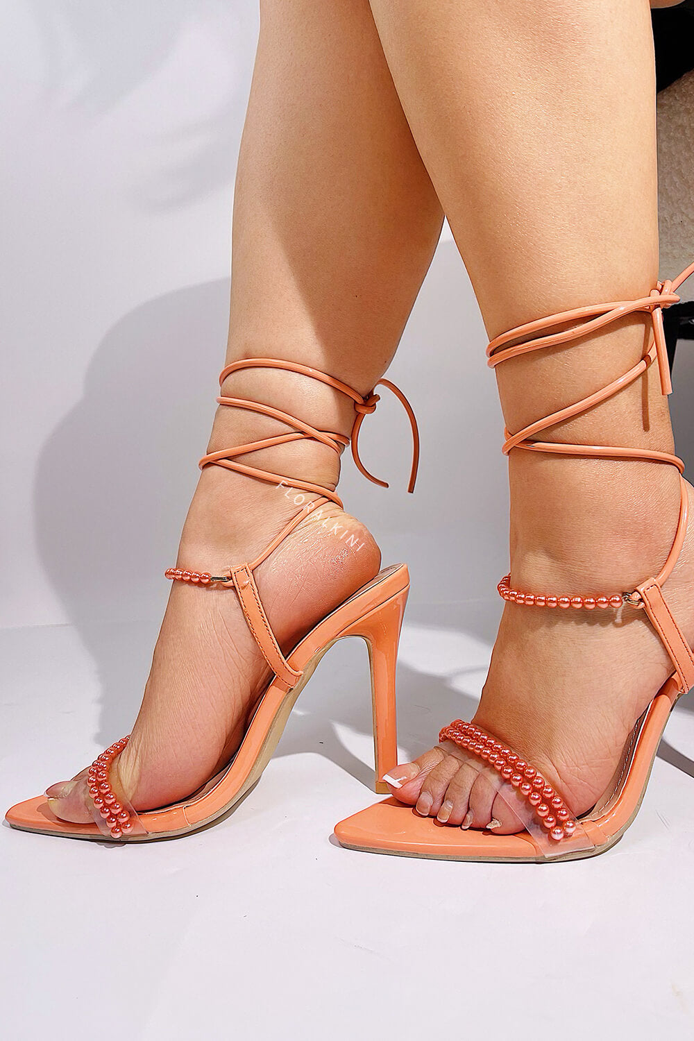 Pearl Strap Lace Up Pointed Toe High Stiletto Heels - Coral