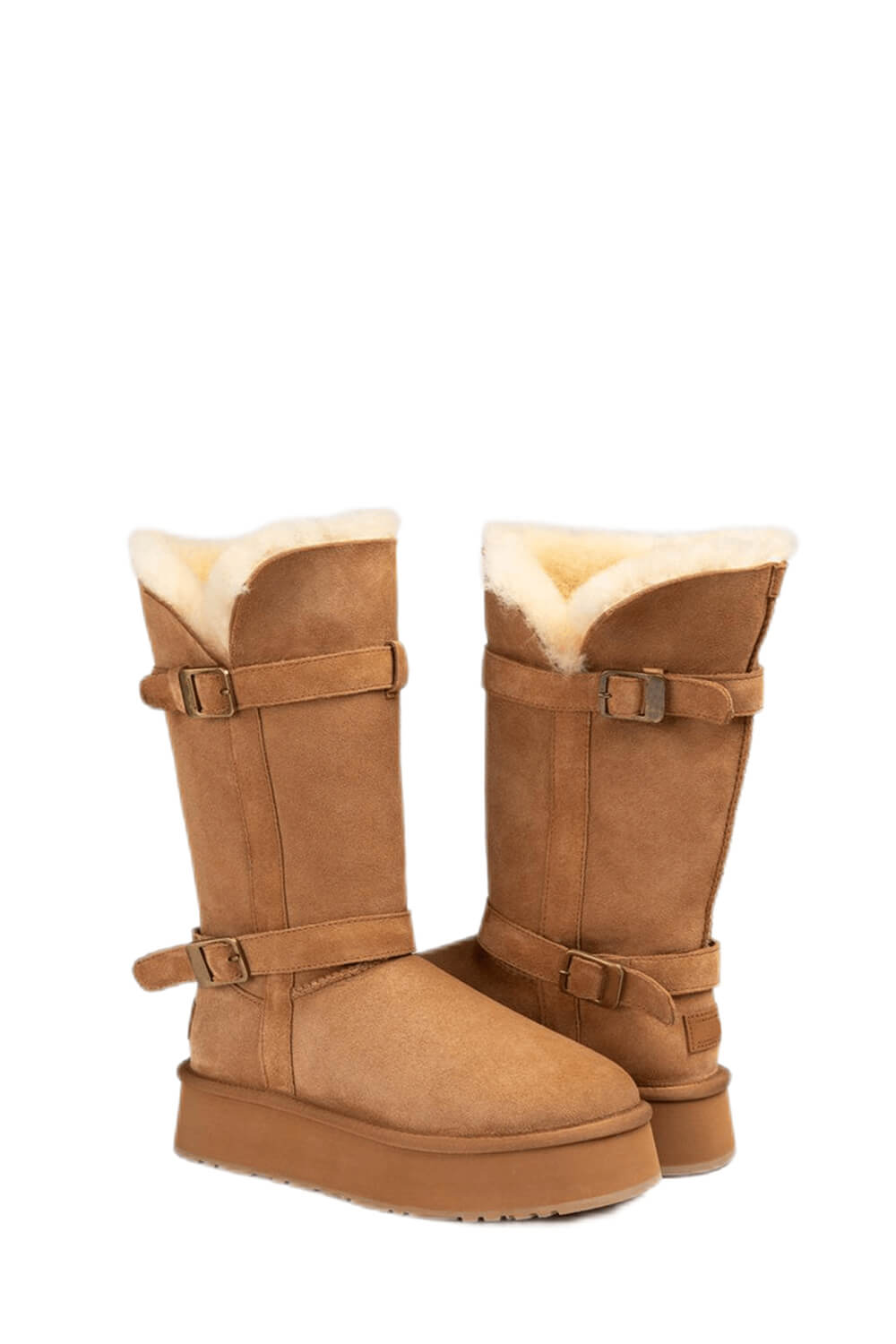 Faux Suede Buckle Belt Mid-Calf Flatform Boots