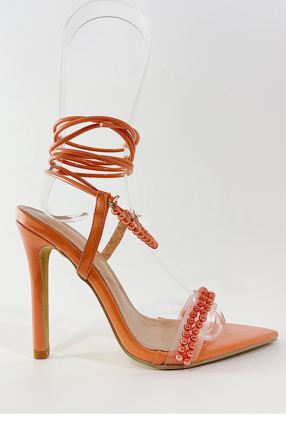 Pearl Strap Lace Up Pointed Toe High Stiletto Heels - Coral