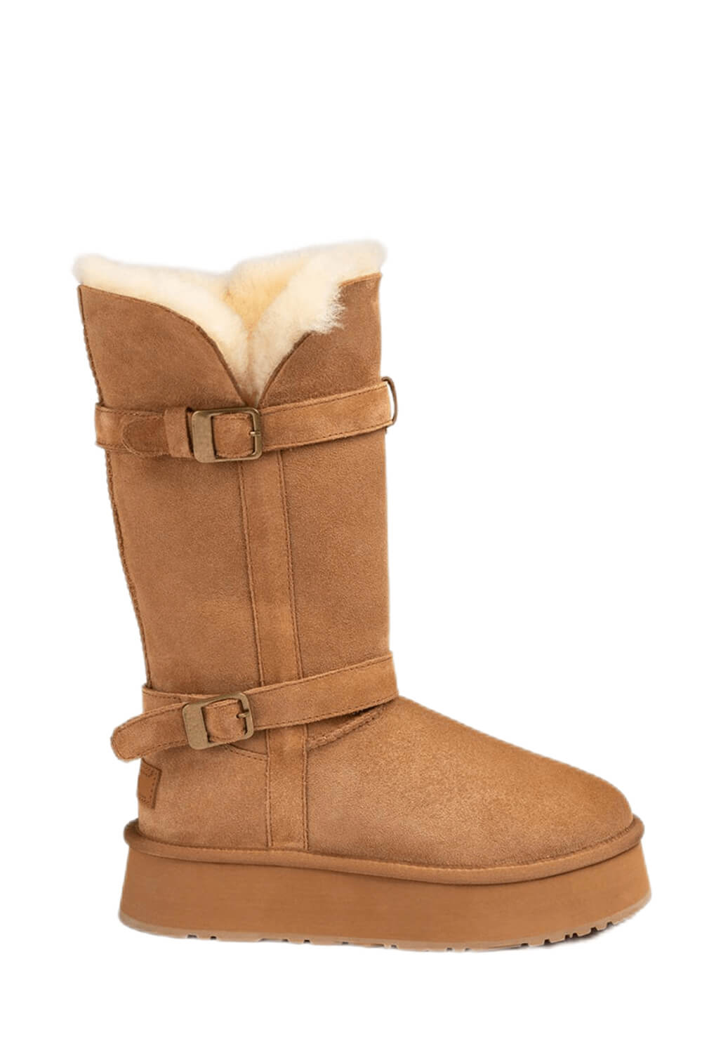 Faux Suede Buckle Belt Mid-Calf Flatform Boots
