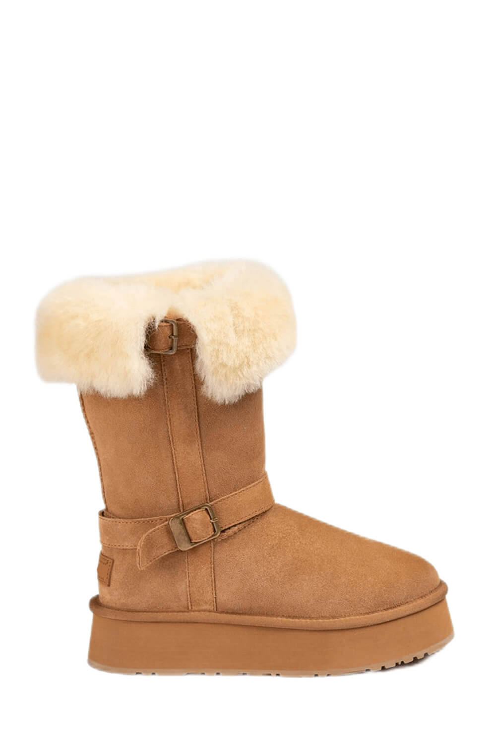 Faux Suede Buckle Belt Mid-Calf Flatform Boots