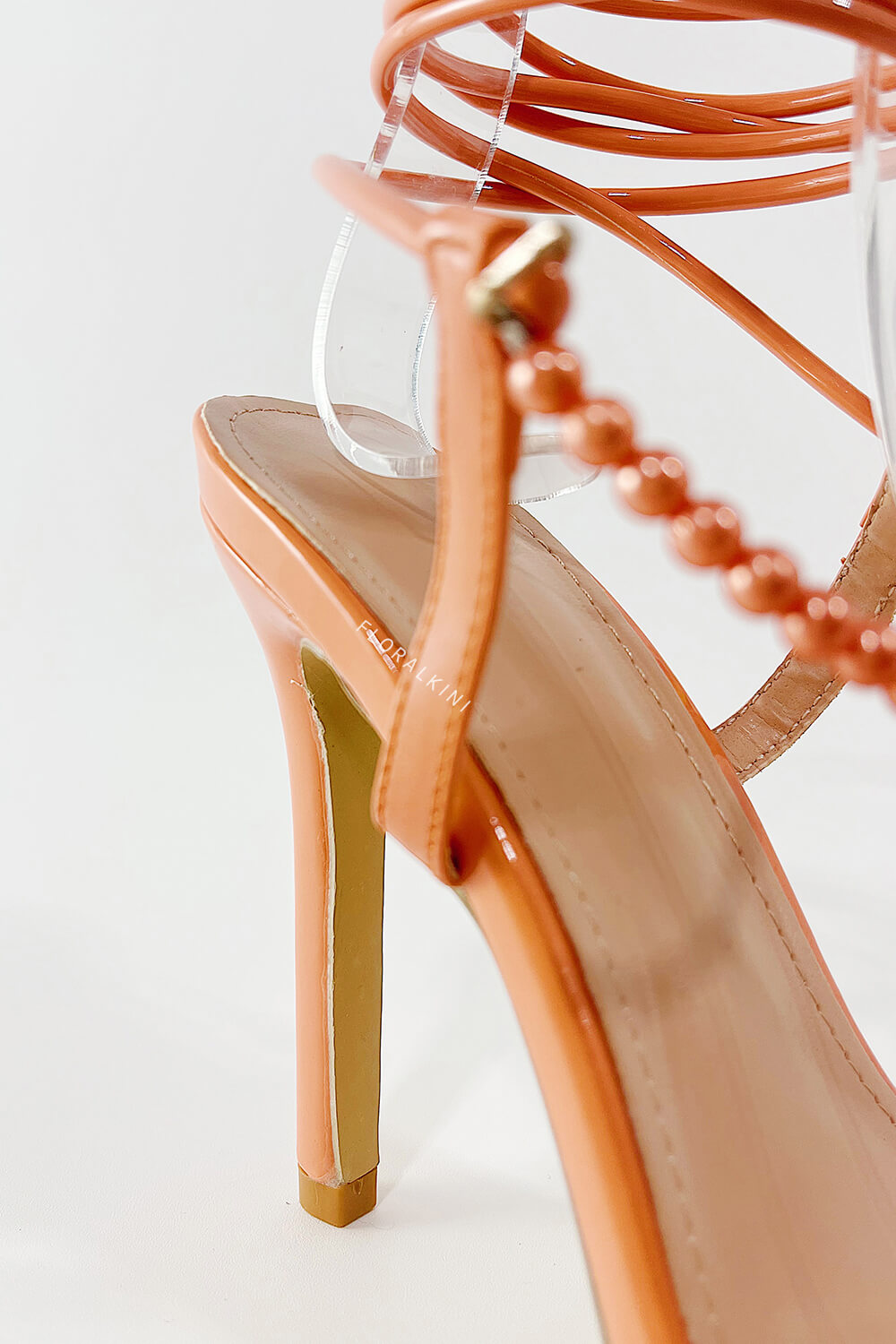 Pearl Strap Lace Up Pointed Toe High Stiletto Heels - Coral