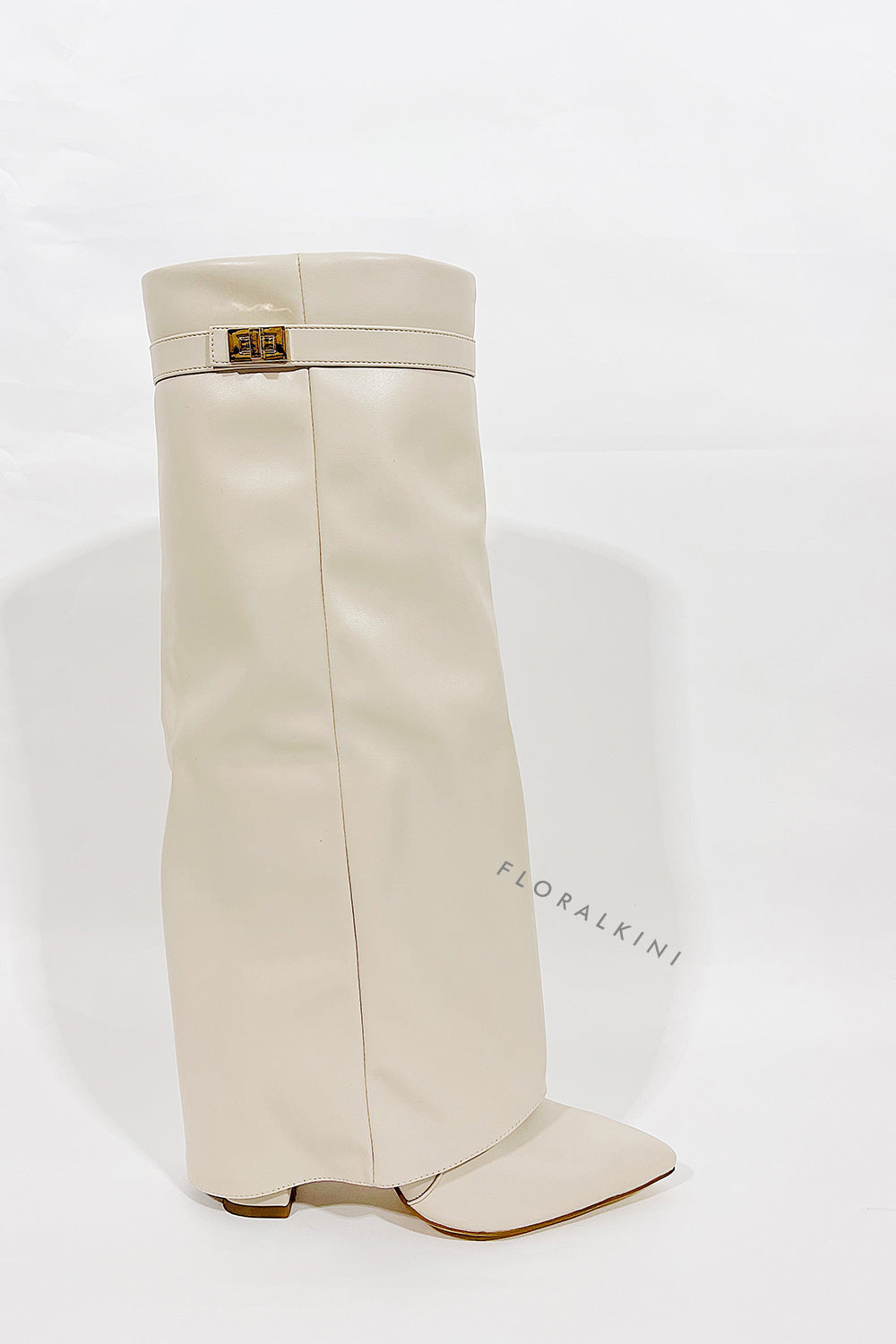 Faux Leather Fold Over Metal Lock Detail Knee High Boots