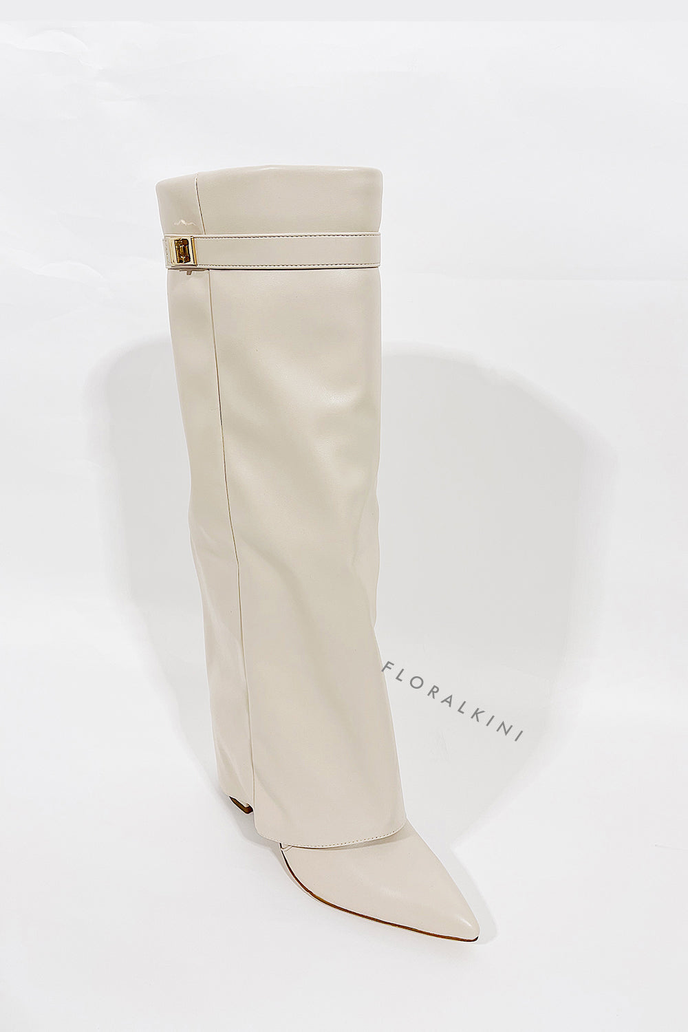 Faux Leather Fold Over Metal Lock Detail Knee High Boots