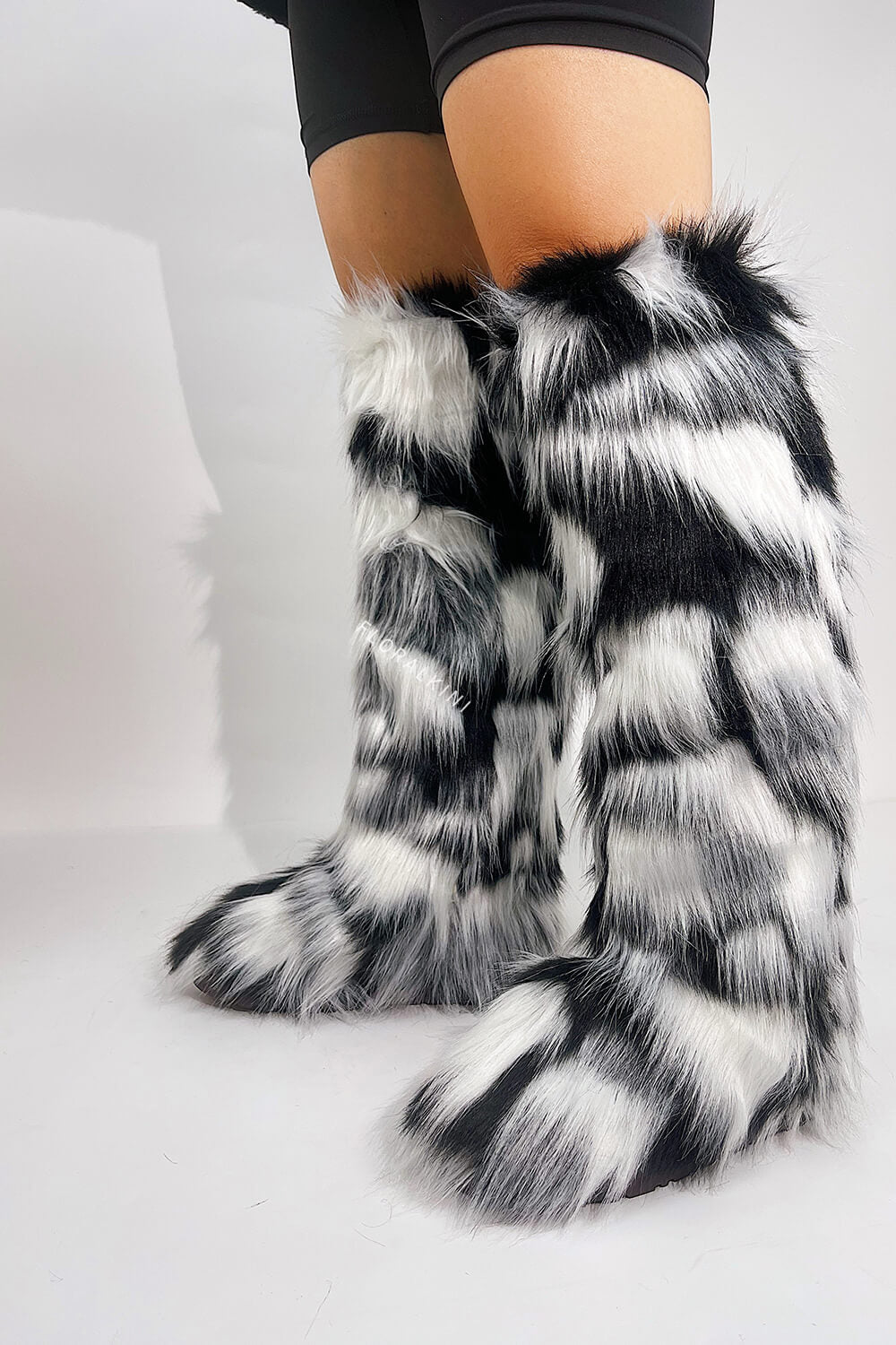 Black & White Fluffy Faux Fur Over The Knee Boot