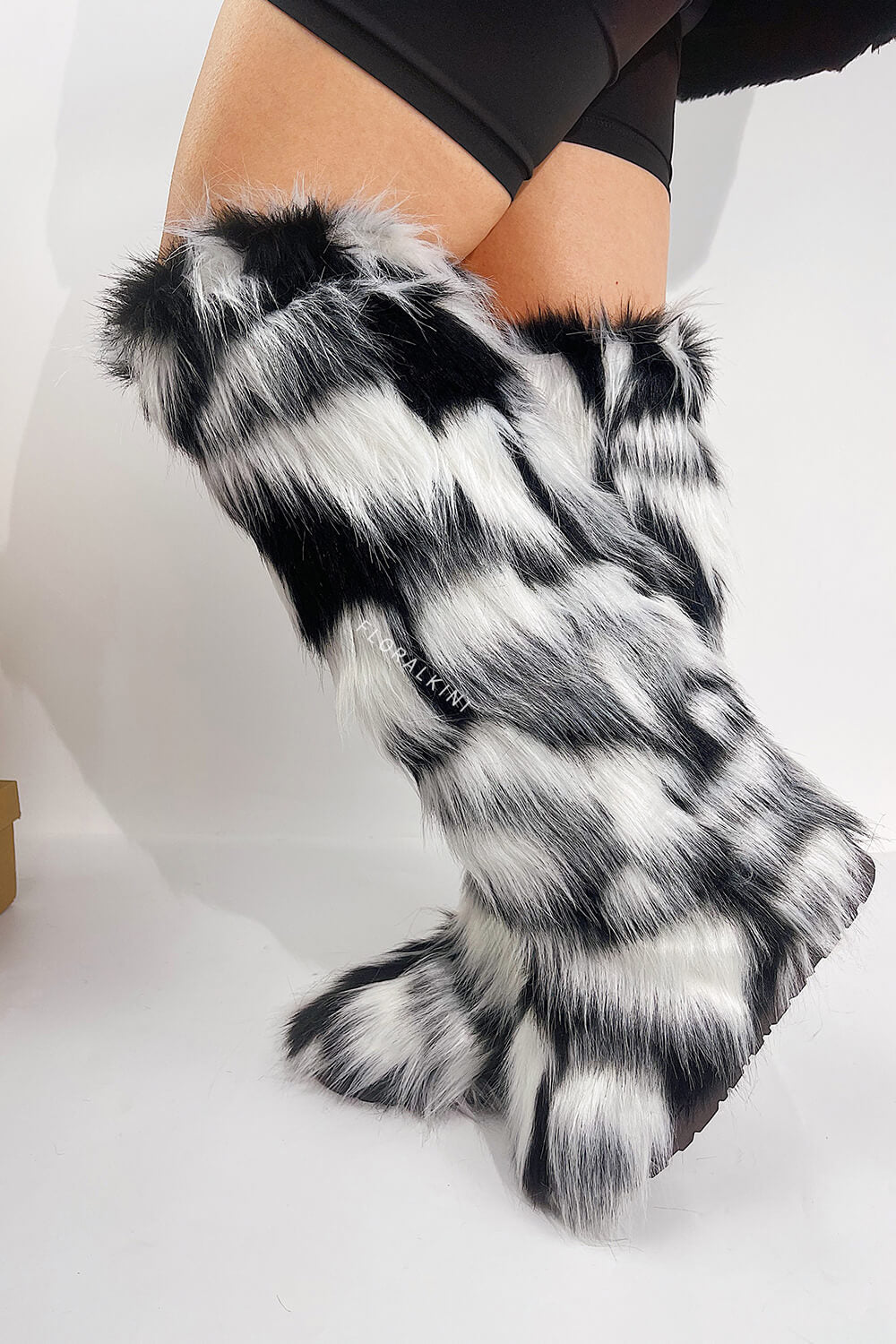 Black & White Fluffy Faux Fur Over The Knee Boot