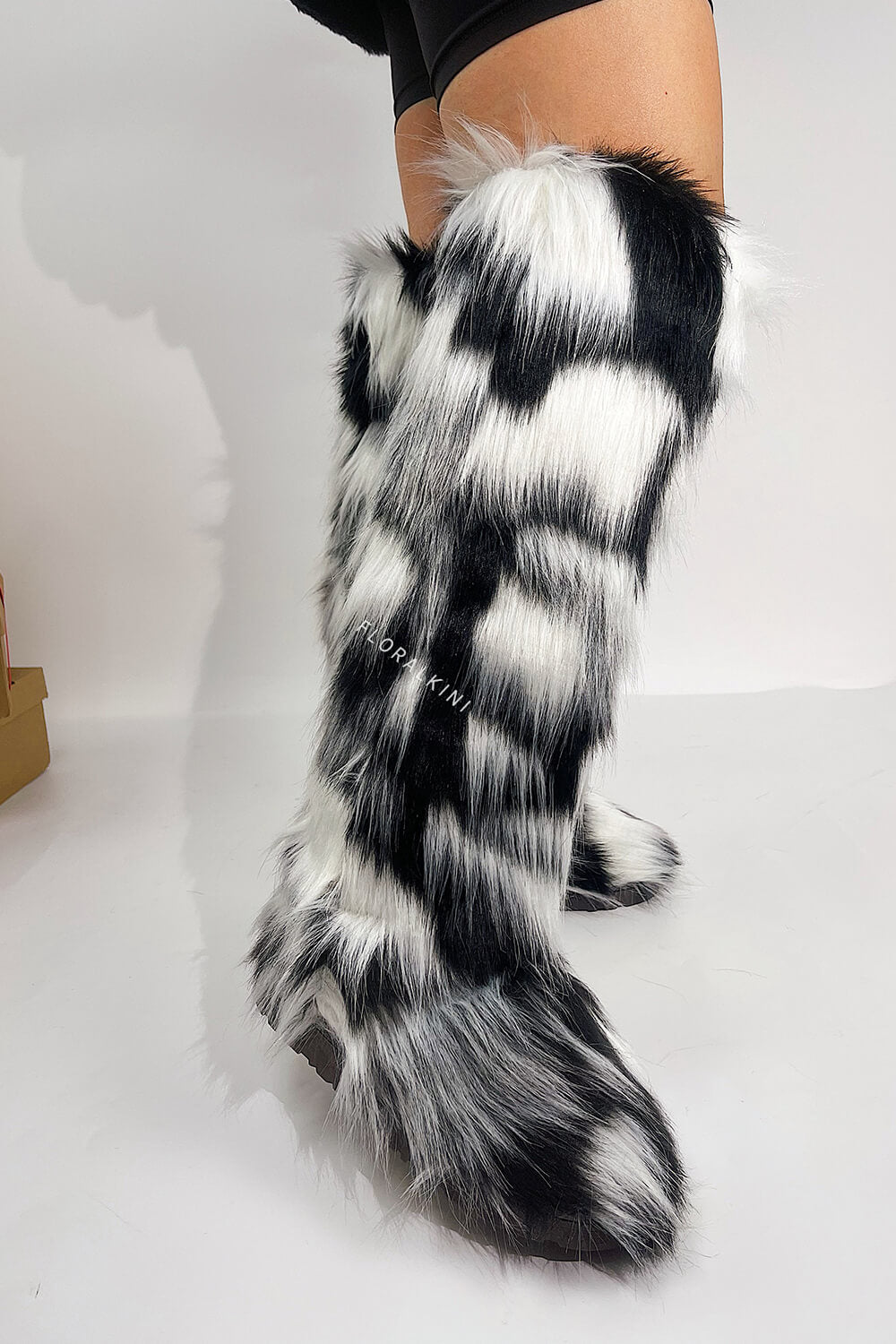 Black & White Fluffy Faux Fur Over The Knee Boot