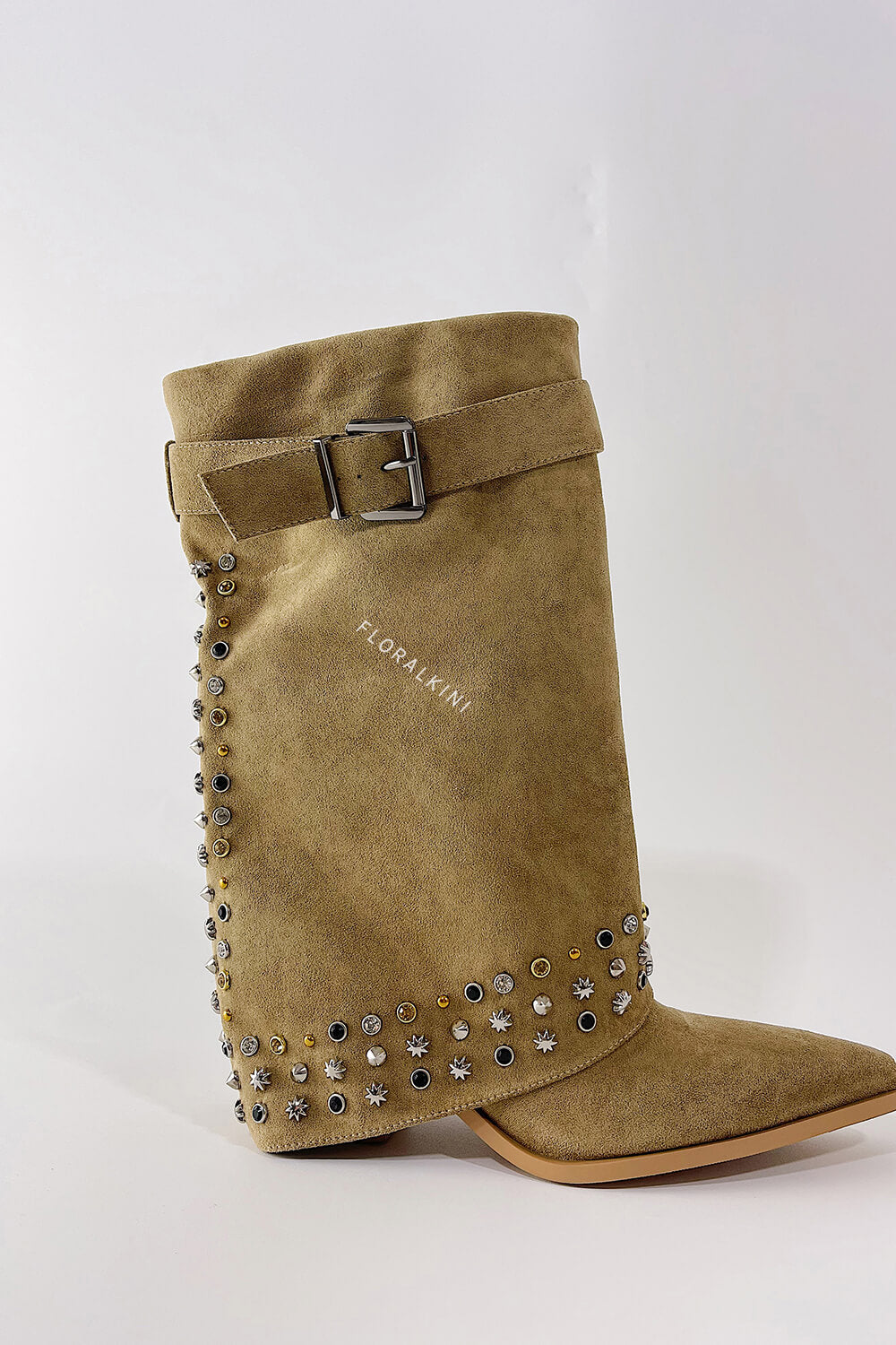 Faux Suede Studded And Crystal-Embellished Cowboy Fold Over Mid-Calf Boots