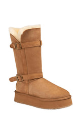 Faux Suede Buckle Belt Mid-Calf Flatform Boots